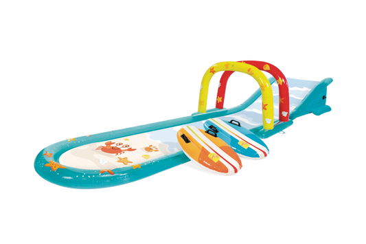 Pista deslizante agua c/rociador, tablas de surf y tobog\