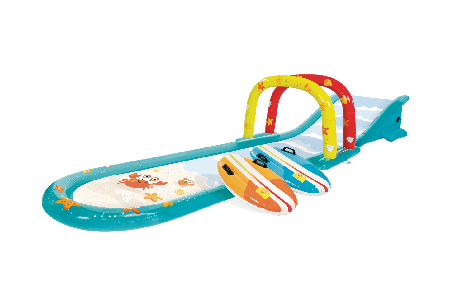 Pista deslizante agua c/rociador, tablas de surf y tobog\