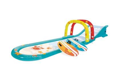 Pista deslizante agua c/rociador, tablas de surf y tobog\