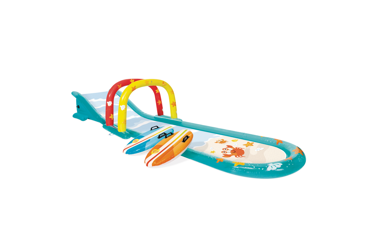 Pista deslizante agua c/rociador, tablas de surf y tobog\