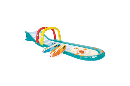 Pista deslizante agua c/rociador, tablas de surf y tobog\