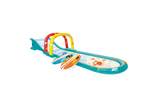 Pista deslizante agua c/rociador, tablas de surf y tobog\