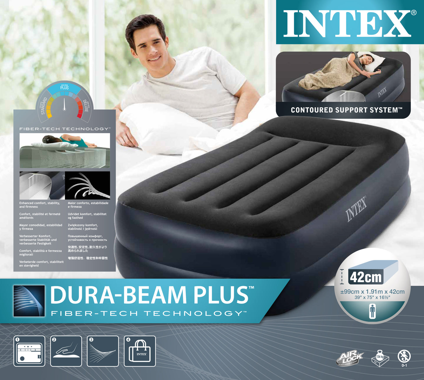 Colchón Inflable Intex Descanso con Almohada Elevado con Tecnología de Fibra para 1 Persona (99 x 191 x 42 cm) - 64122NP