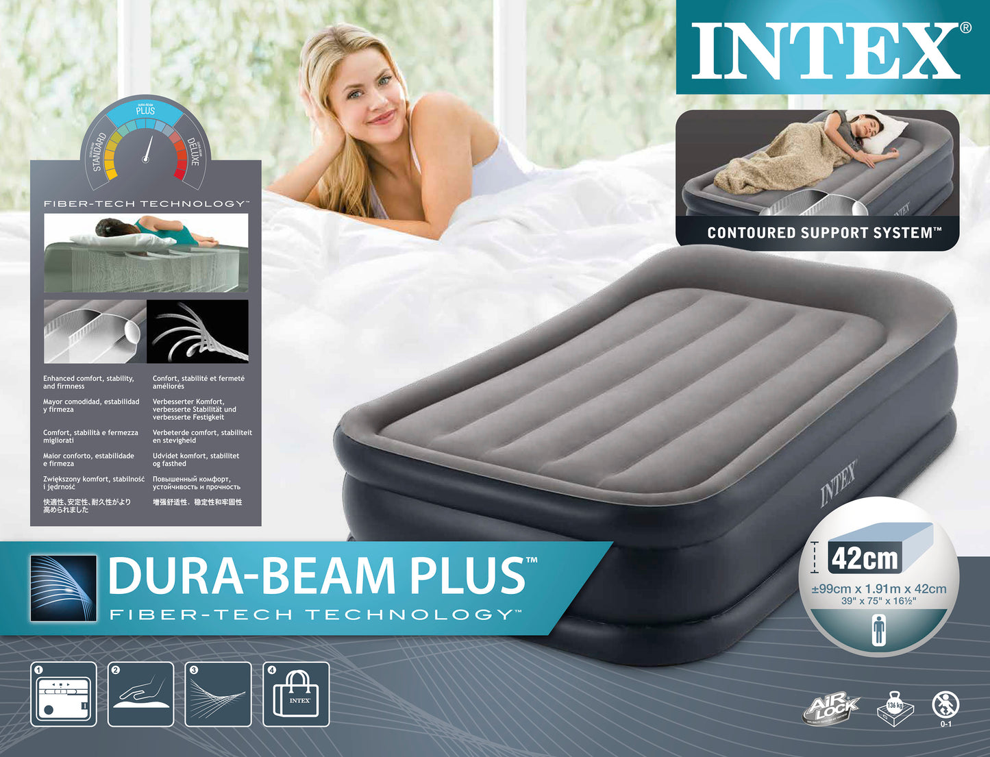 Colchón Inflable Intex Descanso con Almohada de Lujo con Tecnología de Fibra para 1 Persona (99 x 191 x 42 cm) - 64132NP