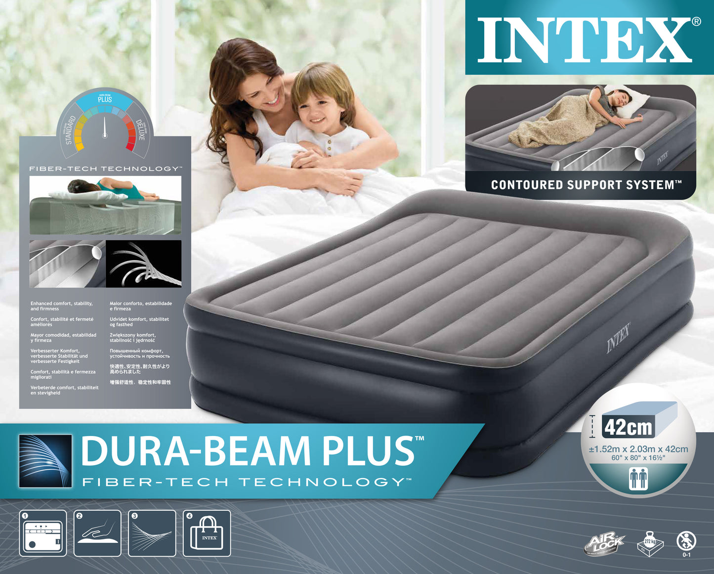 Colchón Inflable Intex 64136 Deluxe Pillow Rest de 2 Plazas (152x203x42 cm) con Bomba Eléctrica