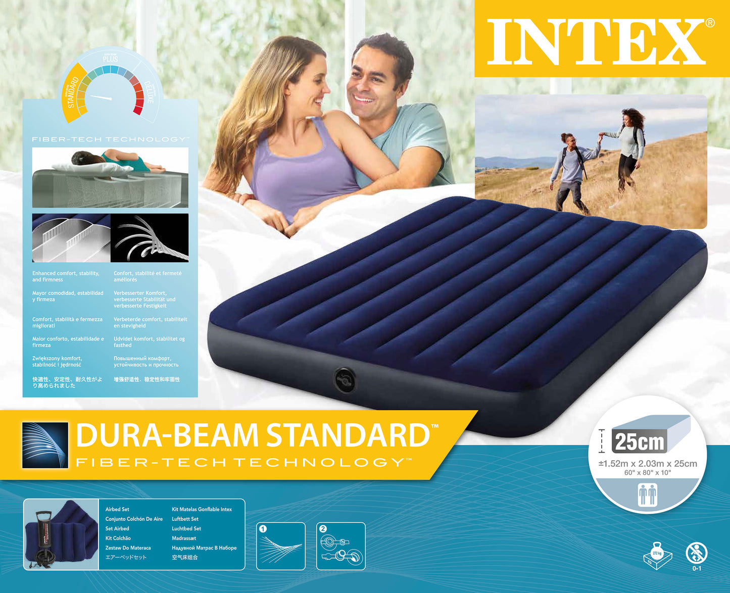 Colchón Inflable Intex Clásico Suave con Inflador de Pie y Almohadas para 2 Personas (152 x 203 x 25 cm) - 64765