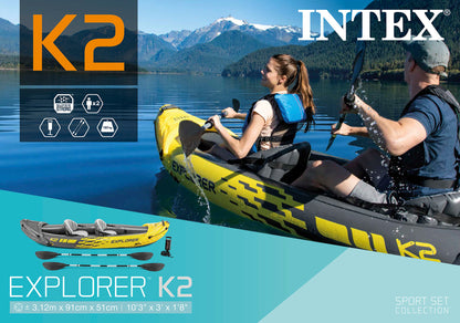 Kayak Inflable Intex Explorer K2 para 2 Personas con Remos y Bomba (312 x 91 cm) - 68307NP